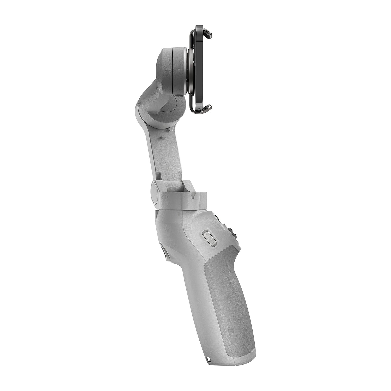 Gray handheld device with a camera attachment on a white background
