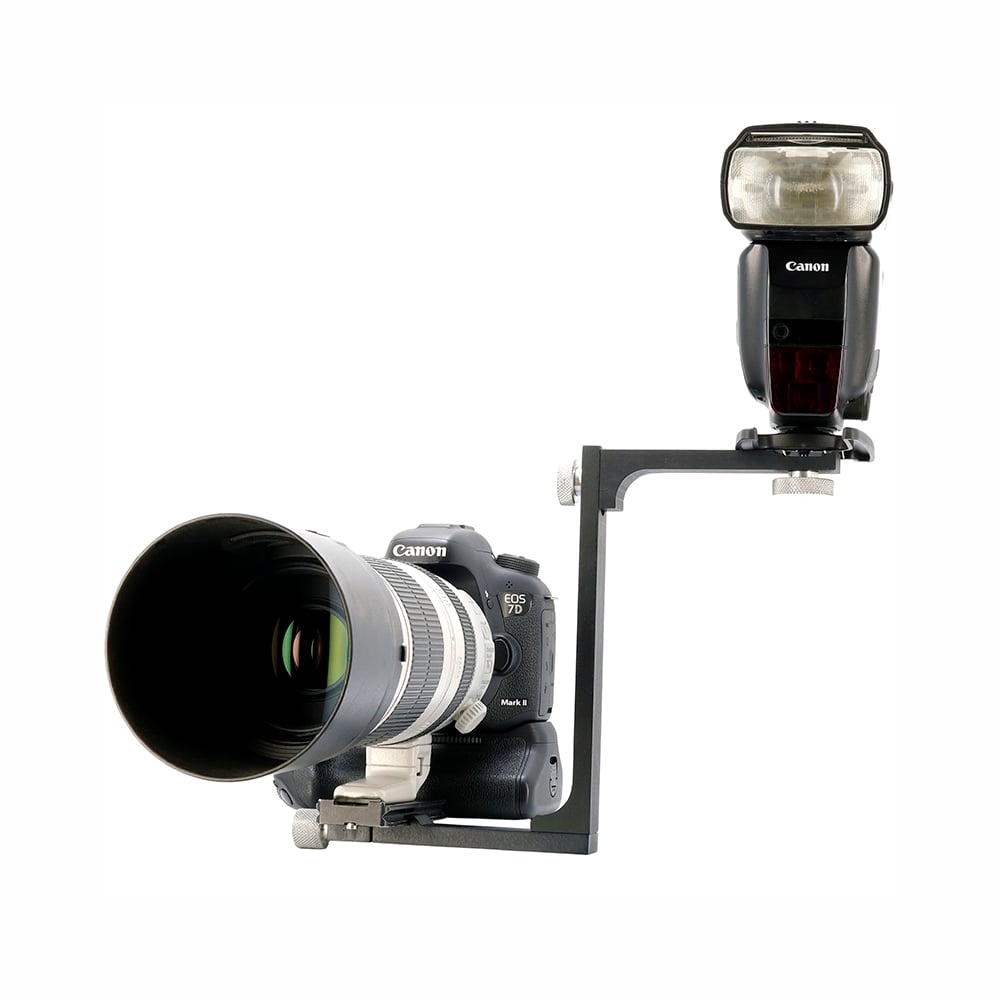 DJPhoto Telephoto Flash Bracket designed for telephoto lenses to reduce shadows and red-eye.