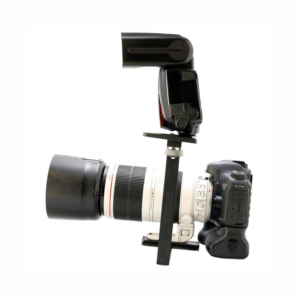 DJPhoto Telephoto Flash Bracket designed for telephoto lenses to reduce shadows and red-eye.