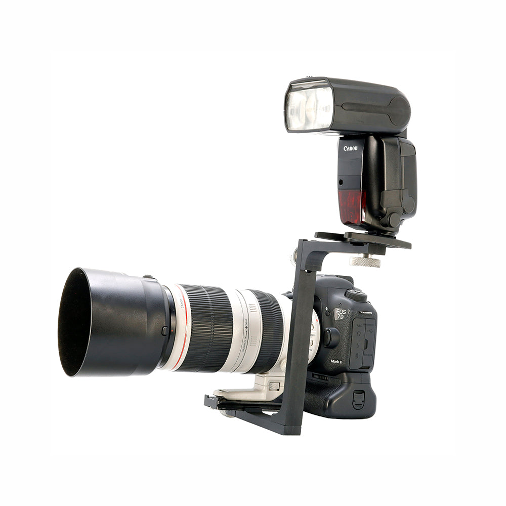 DJPhoto Telephoto Flash Bracket designed for telephoto lenses to reduce shadows and red-eye.