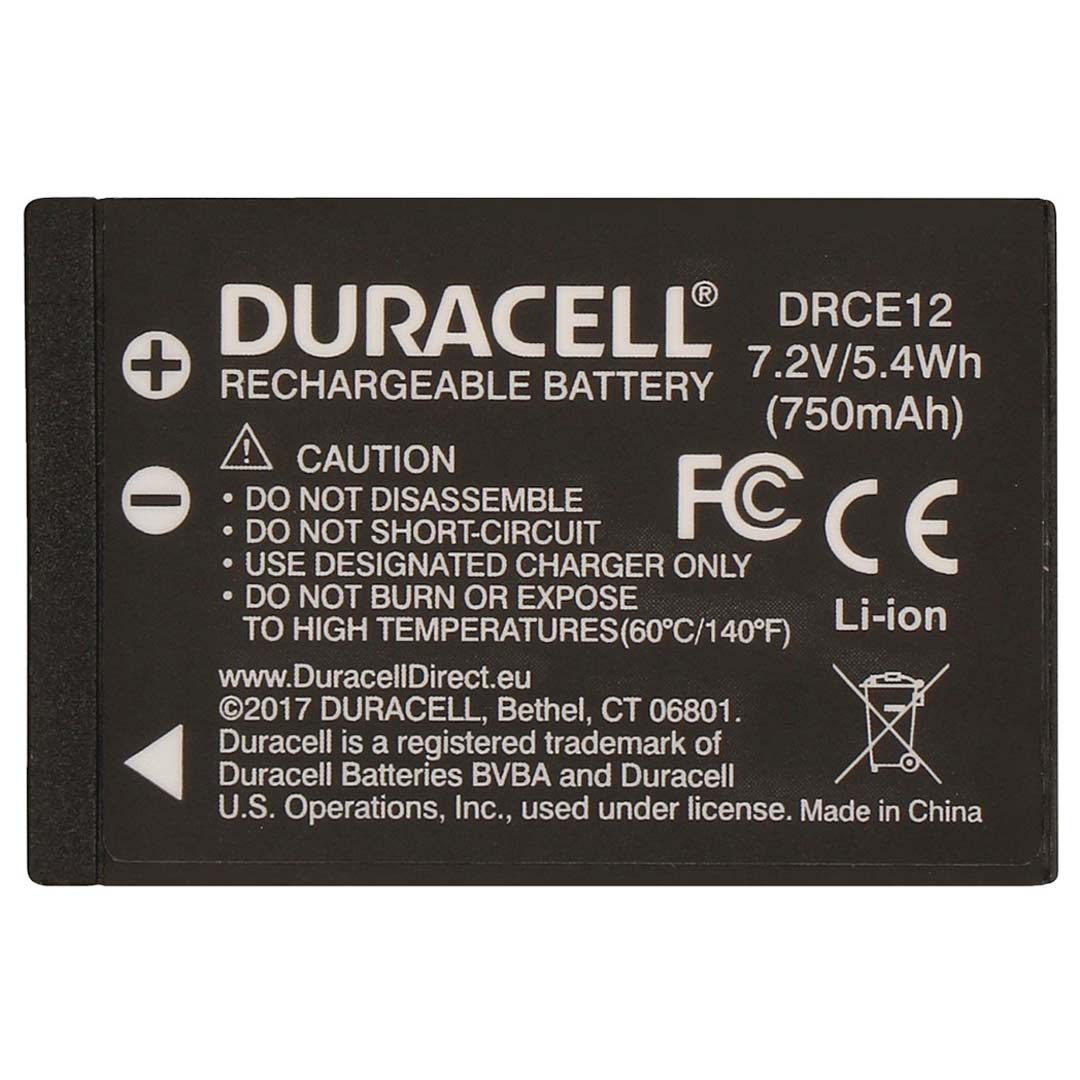 Duracell rechargeable battery with safety information and branding on a white background