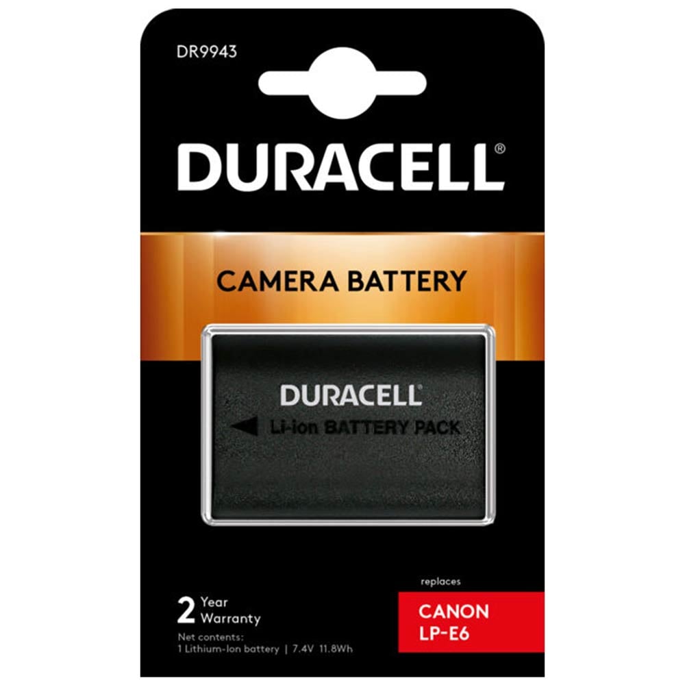 Duracell camera battery pack with a black and orange design on a white background