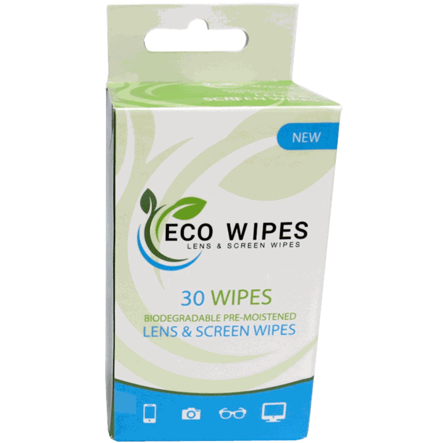 Eco Lens Screen Wipes 30-pack in green and white packaging, showing individually wrapped moist cleaning wipes for lenses, screens, and camera sensors.