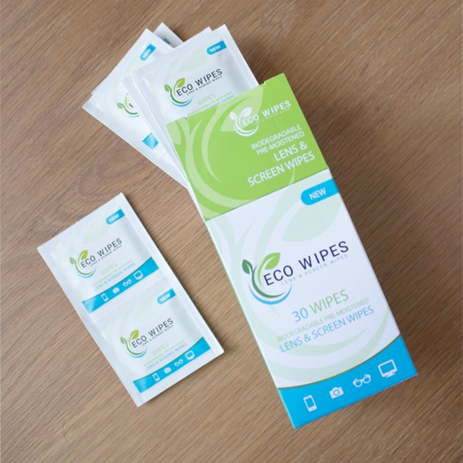 Eco Lens Screen Wipes 30-pack in green and white packaging, showing individually wrapped moist cleaning wipes for lenses, screens, and camera sensors.