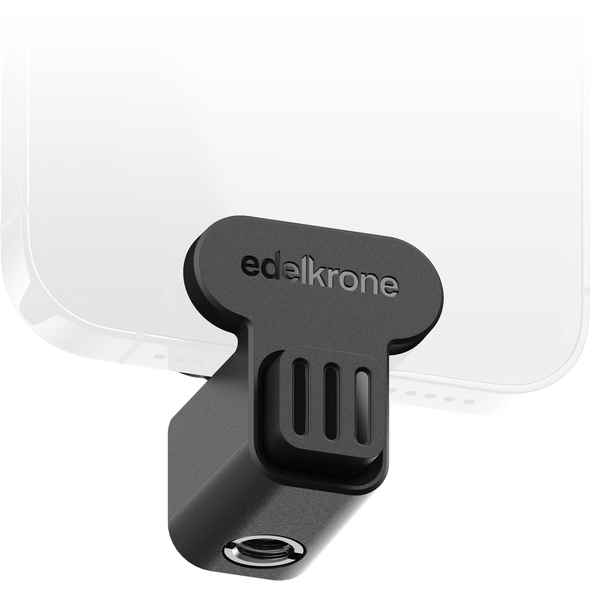 Edelkrone PhoneCLIP basic smartphone holder — compact black clamp with integrated bottom tripod thread and push-button operation.