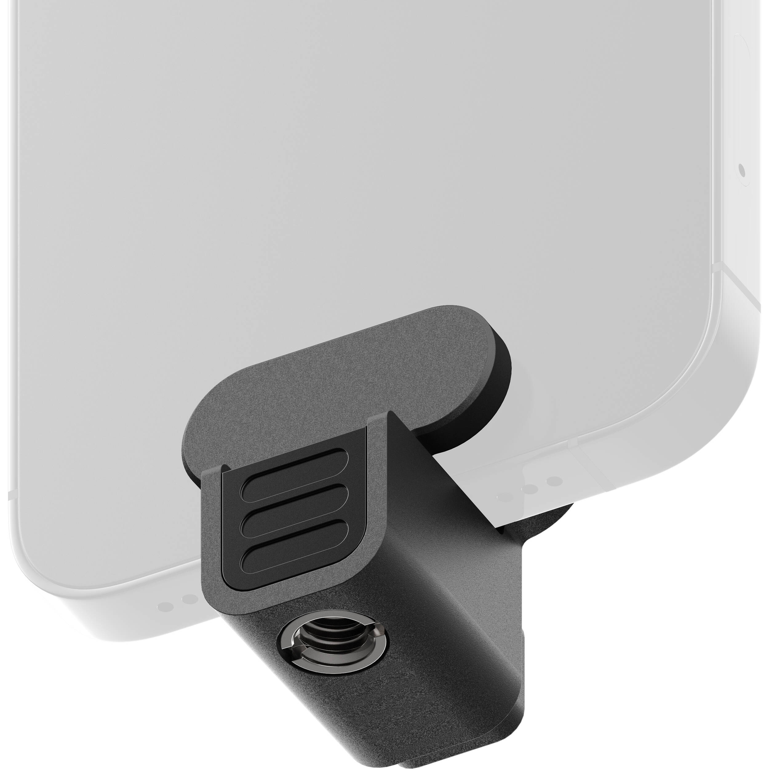 Edelkrone PhoneCLIP basic smartphone holder — compact black clamp with integrated bottom tripod thread and push-button operation.