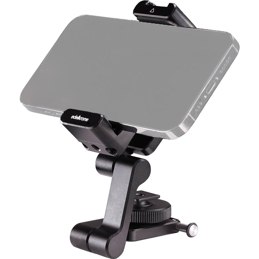 edelkrone PhoneGRIP – CNC-machined aluminum tilting smartphone mount with adjustable clamping arms, integrated accessory support, and a ¼″-20 thread base.