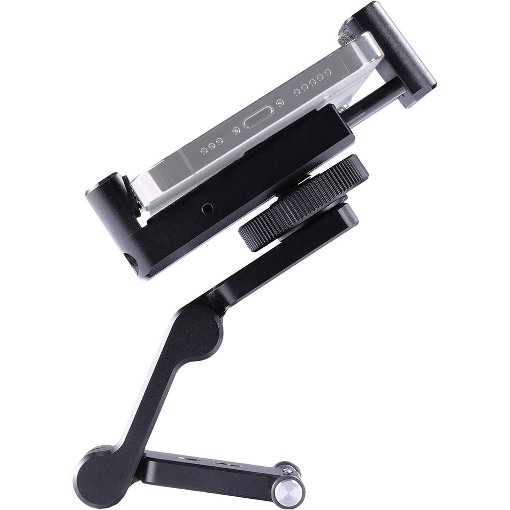 edelkrone PhoneGRIP – CNC-machined aluminum tilting smartphone mount with adjustable clamping arms, integrated accessory support, and a ¼″-20 thread base.