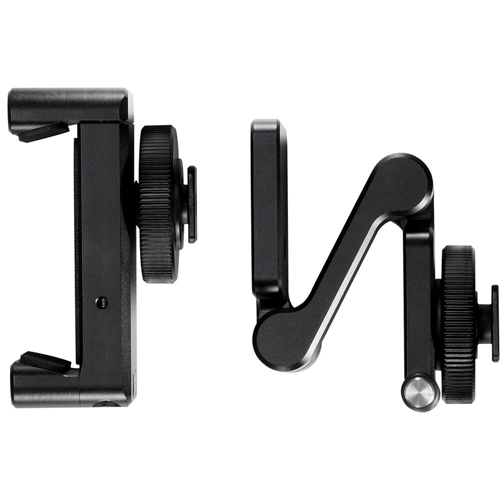 edelkrone PhoneGRIP – CNC-machined aluminum tilting smartphone mount with adjustable clamping arms, integrated accessory support, and a ¼″-20 thread base.