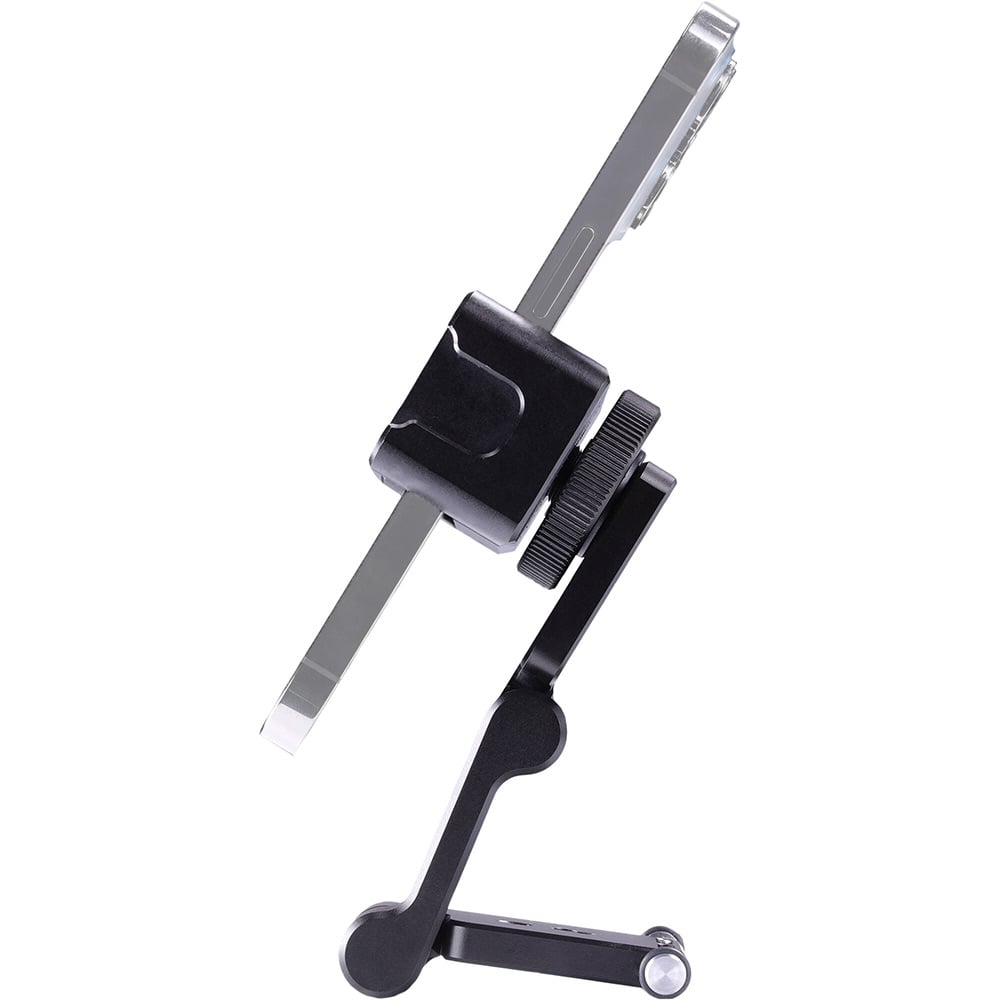edelkrone PhoneGRIP – CNC-machined aluminum tilting smartphone mount with adjustable clamping arms, integrated accessory support, and a ¼″-20 thread base.