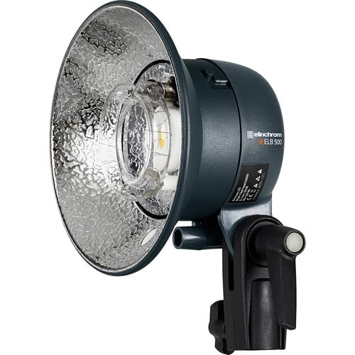 Studio light with reflective surface and 'Elinchrom' branding on a white background