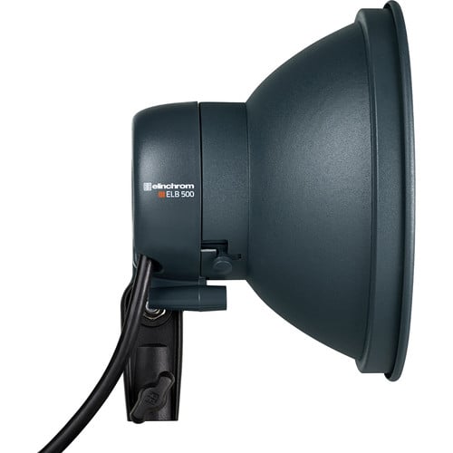 Black studio light with 'elinchrom' branding on a white background