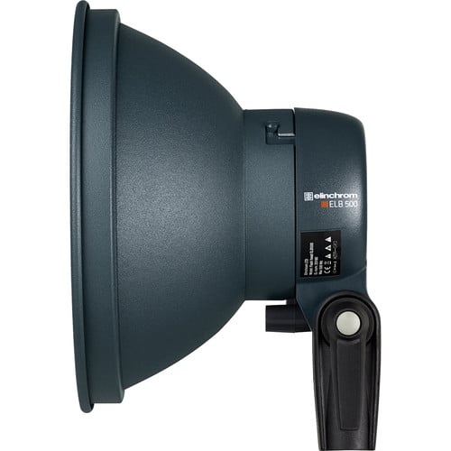 Photographic flash unit with a large lens hood on a white background