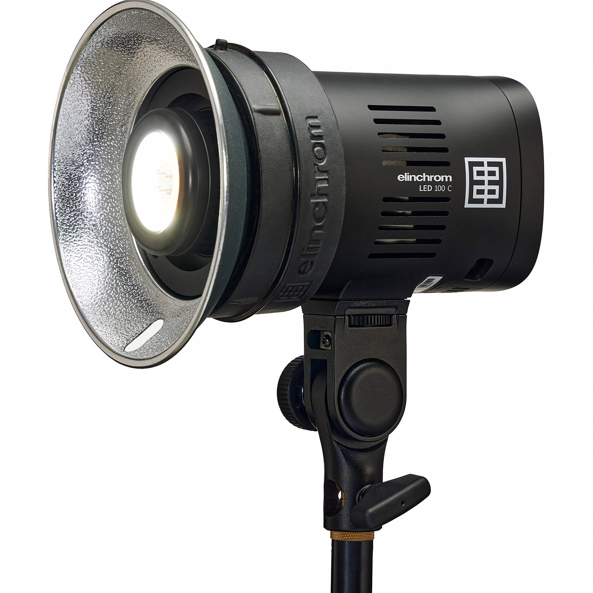 Studio light with lens and 'elinchrom' branding on a white background
