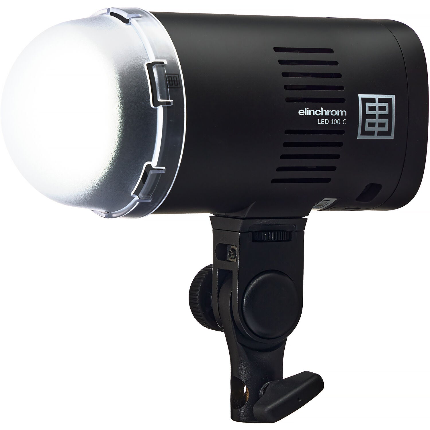 Black photography studio light with visible Elinchrom branding on a white background