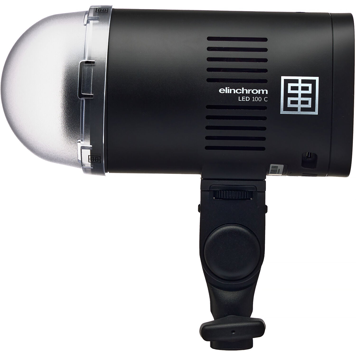 Black studio flash light with 'elinchrom' branding on a white background