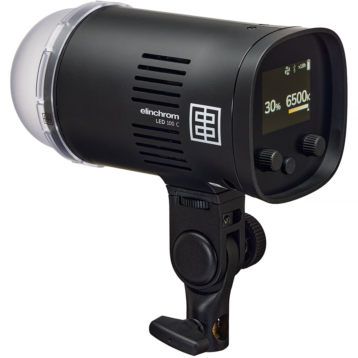 Black camera flash with digital display on a white background
