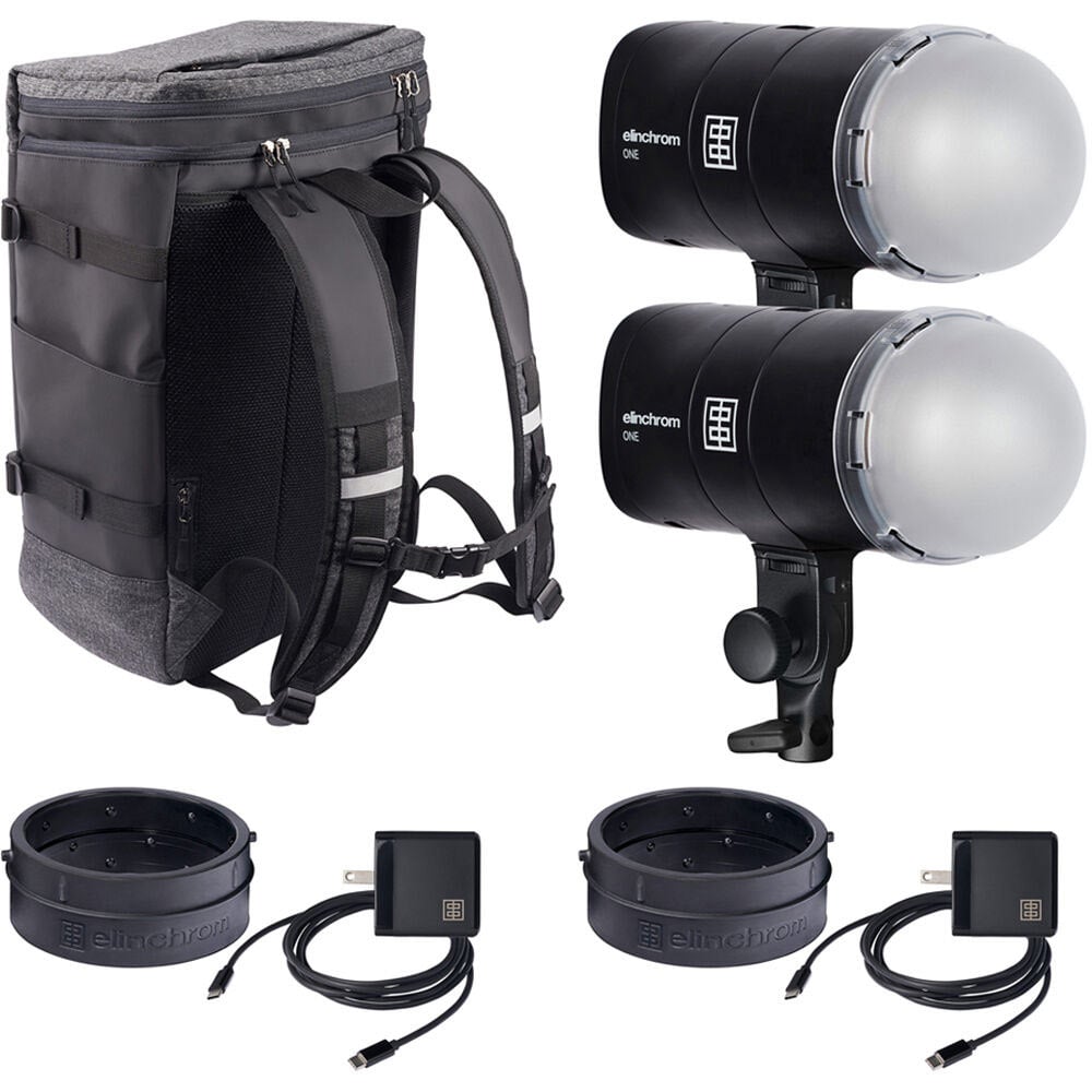 Backpack and studio lights with accessories on a white background