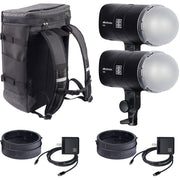 Backpack and studio lights with accessories on a white background
