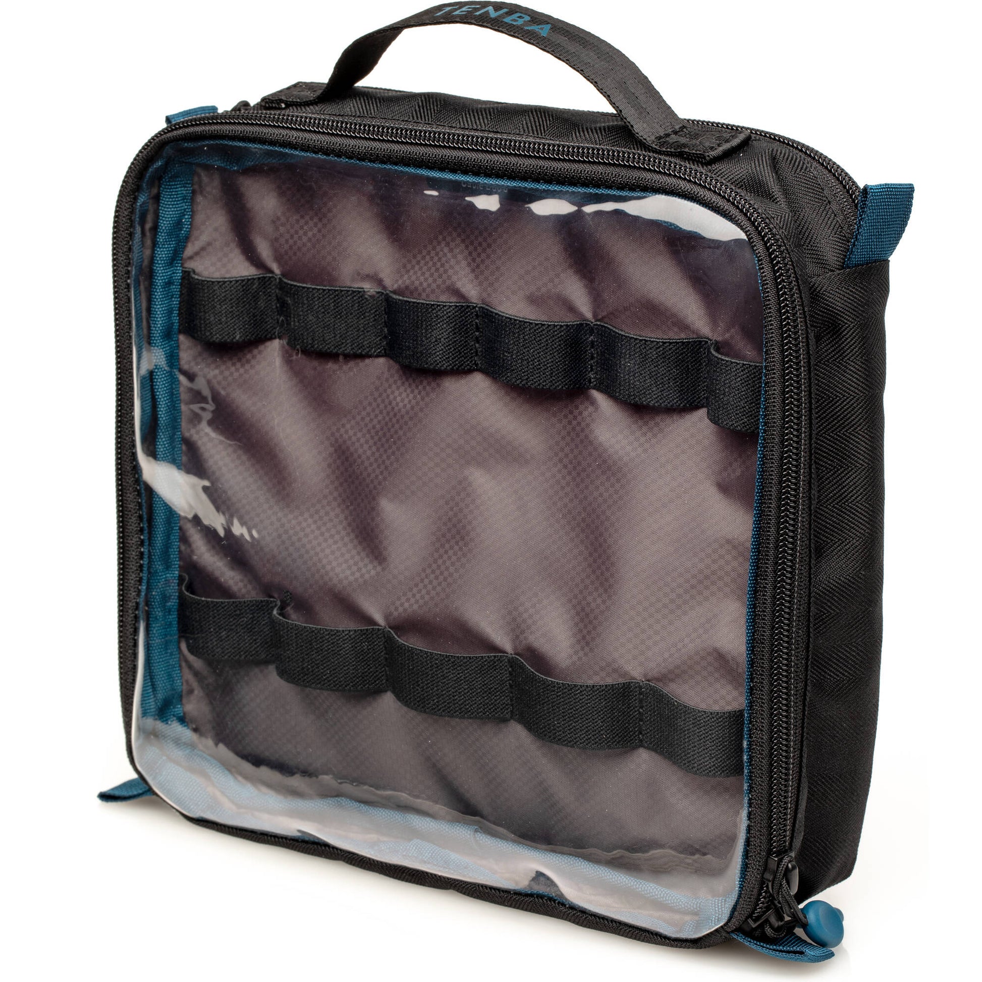 Two-sided Cable Duo pouch for organising cables, chargers, batteries, and small accessories, crafted from durable water-resistant polyester.