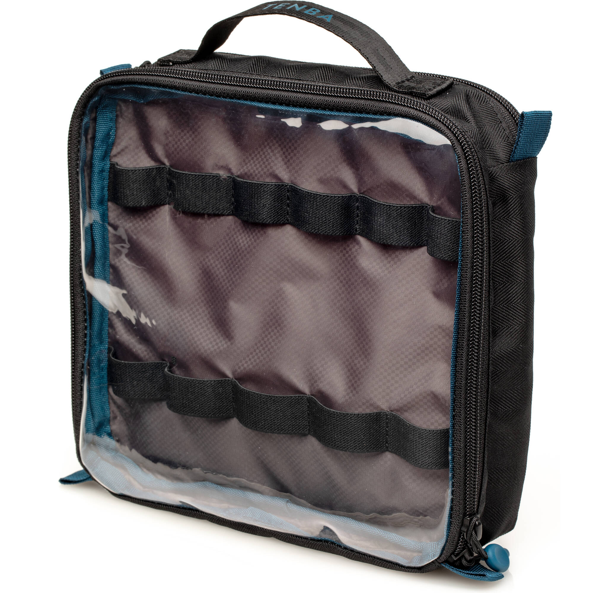 Two-sided Cable Duo pouch for organising cables, chargers, batteries, and small accessories, crafted from durable water-resistant polyester.
