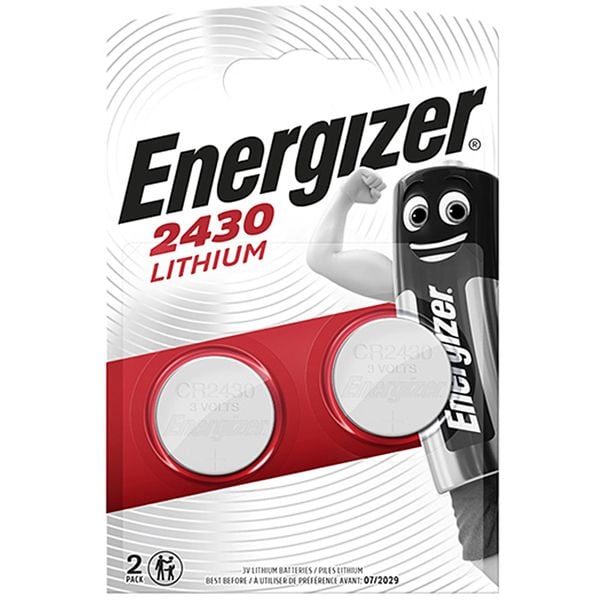 Energizer CR2430 3V lithium coin batteries, 2-pack for small electronics.