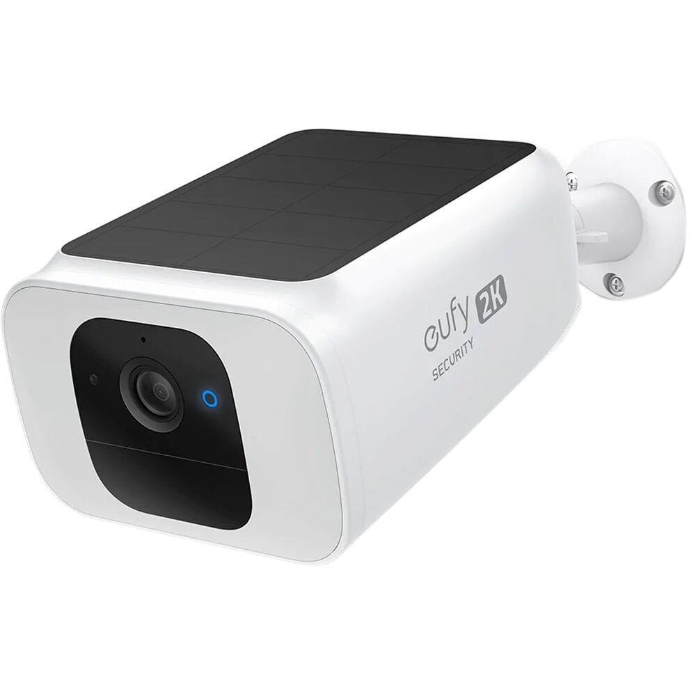 White security camera with solar panel on a white background