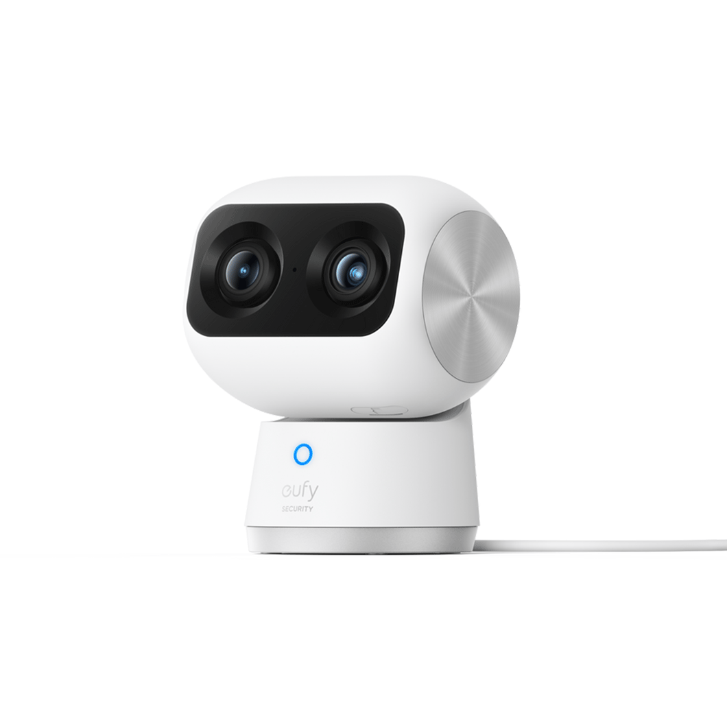 The Eufy Indoor 4K Dual Cam S350 is a security camera for indoor use, featuring a dual-camera system with 4K wide-angle and 2K telephoto lenses, 360-degree pan and tilt capabilities, and 8x hybrid zoom.