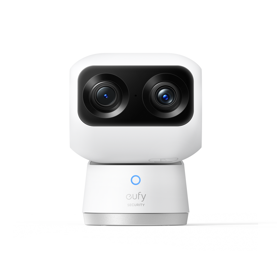 The Eufy Indoor 4K Dual Cam S350 is a security camera for indoor use, featuring a dual-camera system with 4K wide-angle and 2K telephoto lenses, 360-degree pan and tilt capabilities, and 8x hybrid zoom.