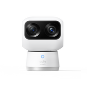 The Eufy Indoor 4K Dual Cam S350 is a security camera for indoor use, featuring a dual-camera system with 4K wide-angle and 2K telephoto lenses, 360-degree pan and tilt capabilities, and 8x hybrid zoom.