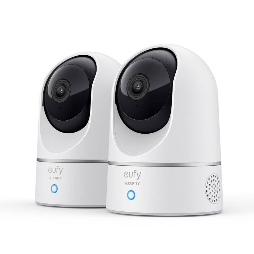 The Eufy Indoor Cam 2K E220 Twin Pack is a home security system featuring two indoor cameras with on-device AI for motion tracking, 2K video clarity, and built-in two-way audio.