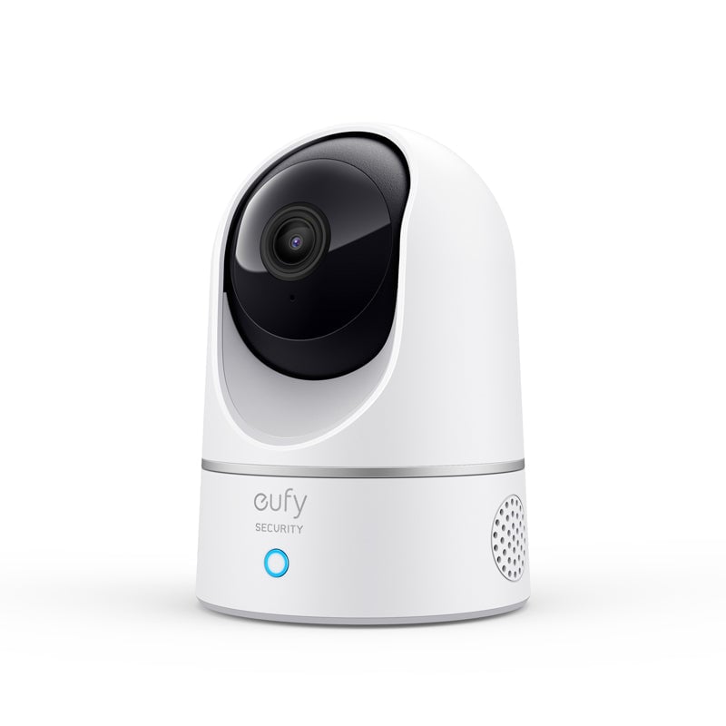 The Eufy Indoor Cam 2K E220 with MicroSD 32GB is a home security camera with on-device AI for motion detection, 2K video clarity, 360° horizontal pan and 96° vertical tilt, and two-way audio.
