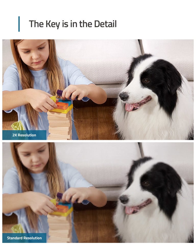 Two images showing a child playing with colorful blocks and a black and white dog, with text 'The Key is in the Detail' and resolution comparison labels.
