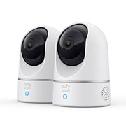 Eufy Indoor Cam 2K E220 Twin Pack with 360° pan and 96° tilt, 2K video, two-way audio, smart home integration, and 2 × 32 GB Micro SD cards.