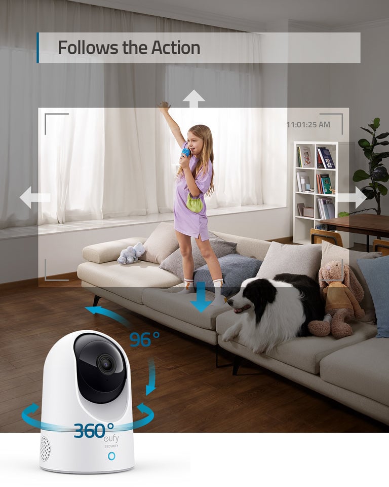 Eufy Indoor Cam 2K E220 Twin Pack with 360° pan and 96° tilt, 2K video, two-way audio, smart home integration, and 2 × 32 GB Micro SD cards.