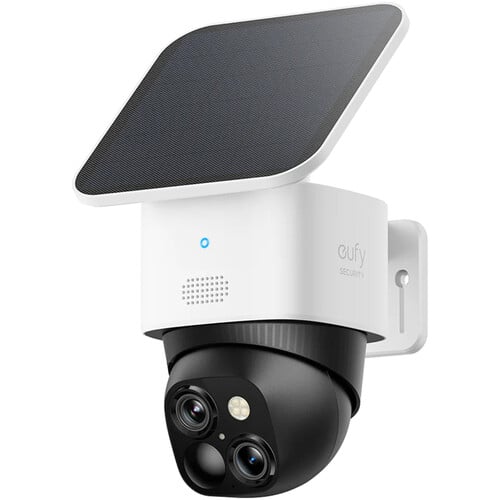 The Eufy SoloCam S340 is a solar-powered, wireless PTZ security camera featuring dual lenses (3K wide-angle + 2K telephoto) and hybrid 8× zoom for detailed close-ups.