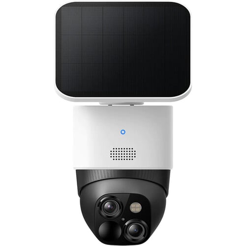 The Eufy SoloCam S340 is a solar-powered, wireless PTZ security camera featuring dual lenses (3K wide-angle + 2K telephoto) and hybrid 8× zoom for detailed close-ups.