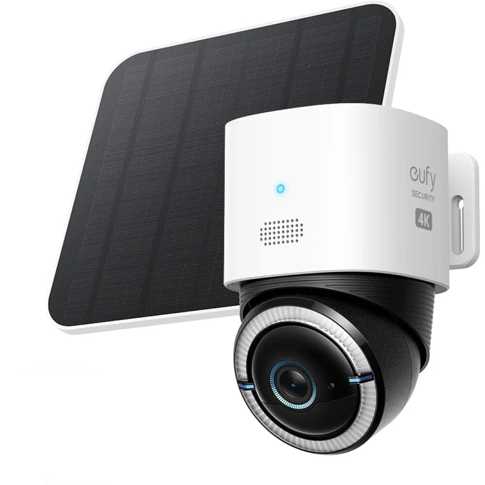 Eufy Security 4G LTE Cam S330 – white outdoor pan-tilt camera with integrated solar panel on top and 4K lens at front.