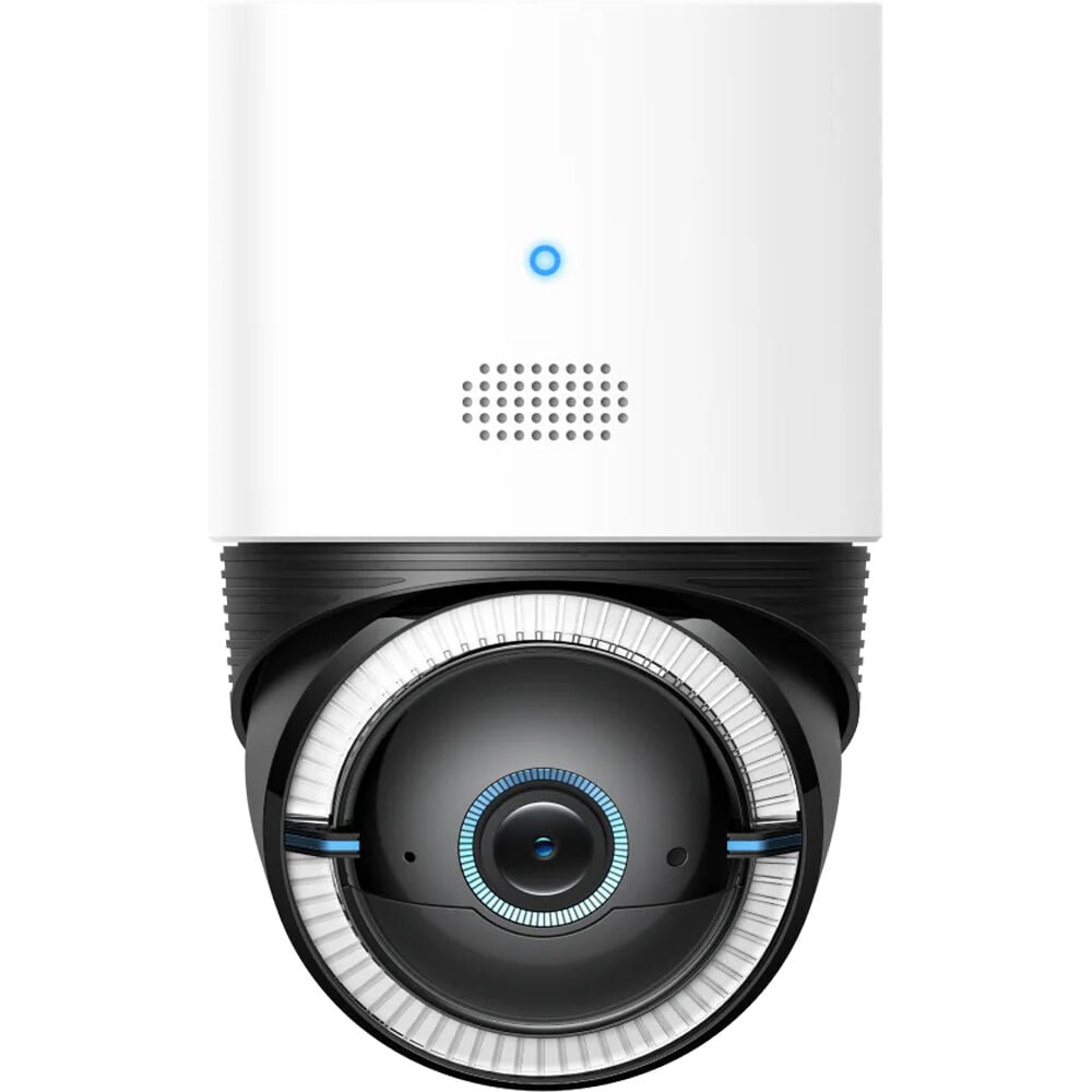 Eufy Security 4G LTE Cam S330 – white outdoor pan-tilt camera with integrated solar panel on top and 4K lens at front.