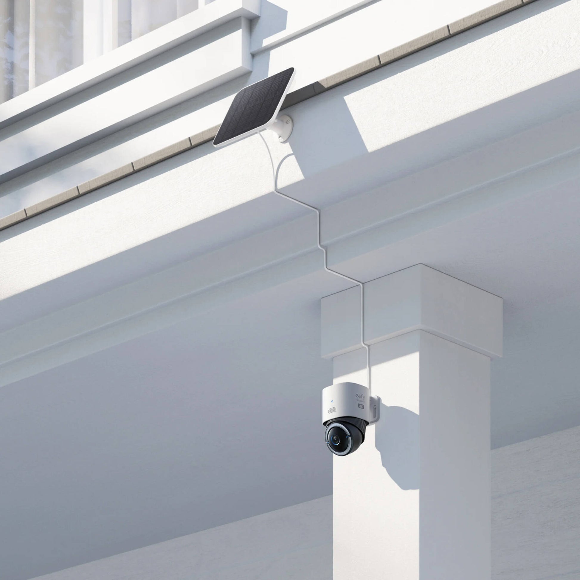 Eufy Security 4G LTE Cam S330 – white outdoor pan-tilt camera with integrated solar panel on top and 4K lens at front.