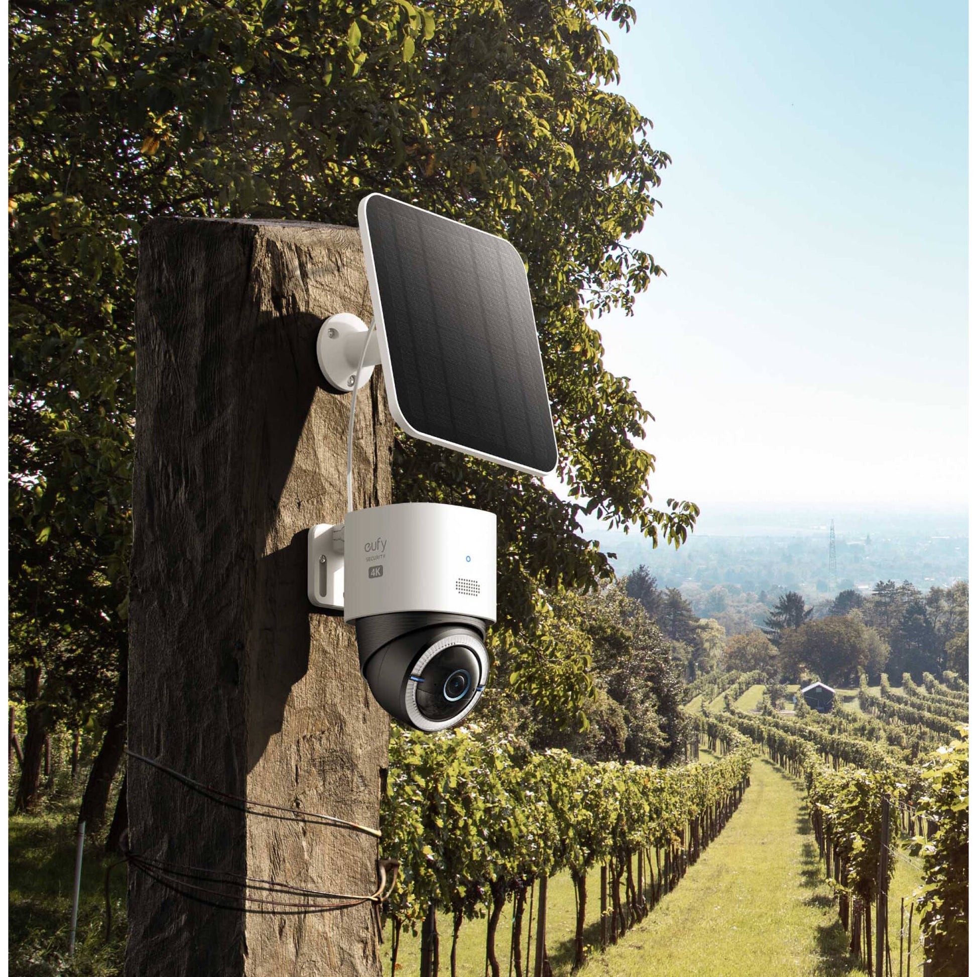 Eufy Security 4G LTE Cam S330 – white outdoor pan-tilt camera with integrated solar panel on top and 4K lens at front.