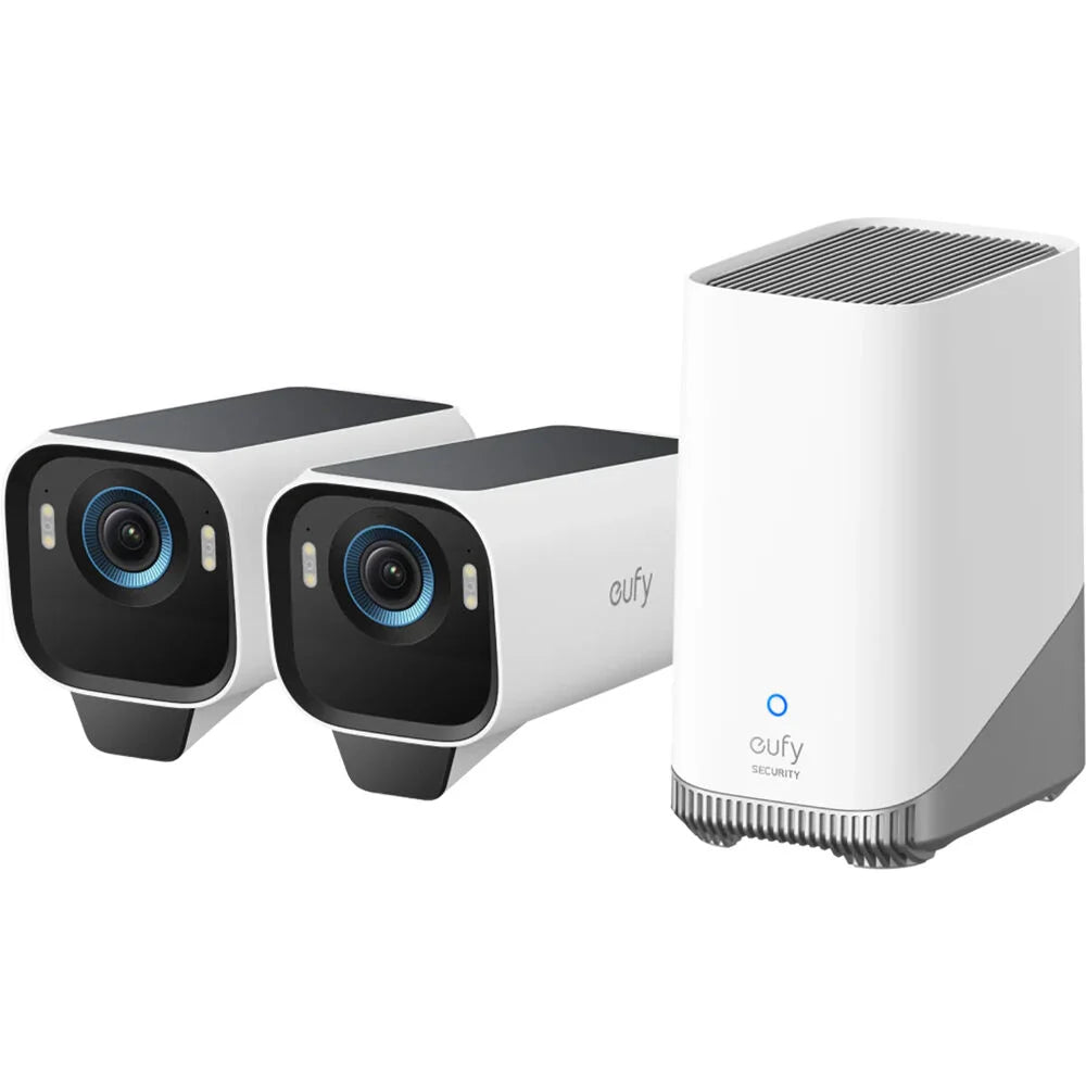 Two security cameras and a central device with 'eufy' branding on a white background