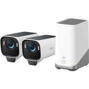 Two security cameras and a central device with 'eufy' branding on a white background