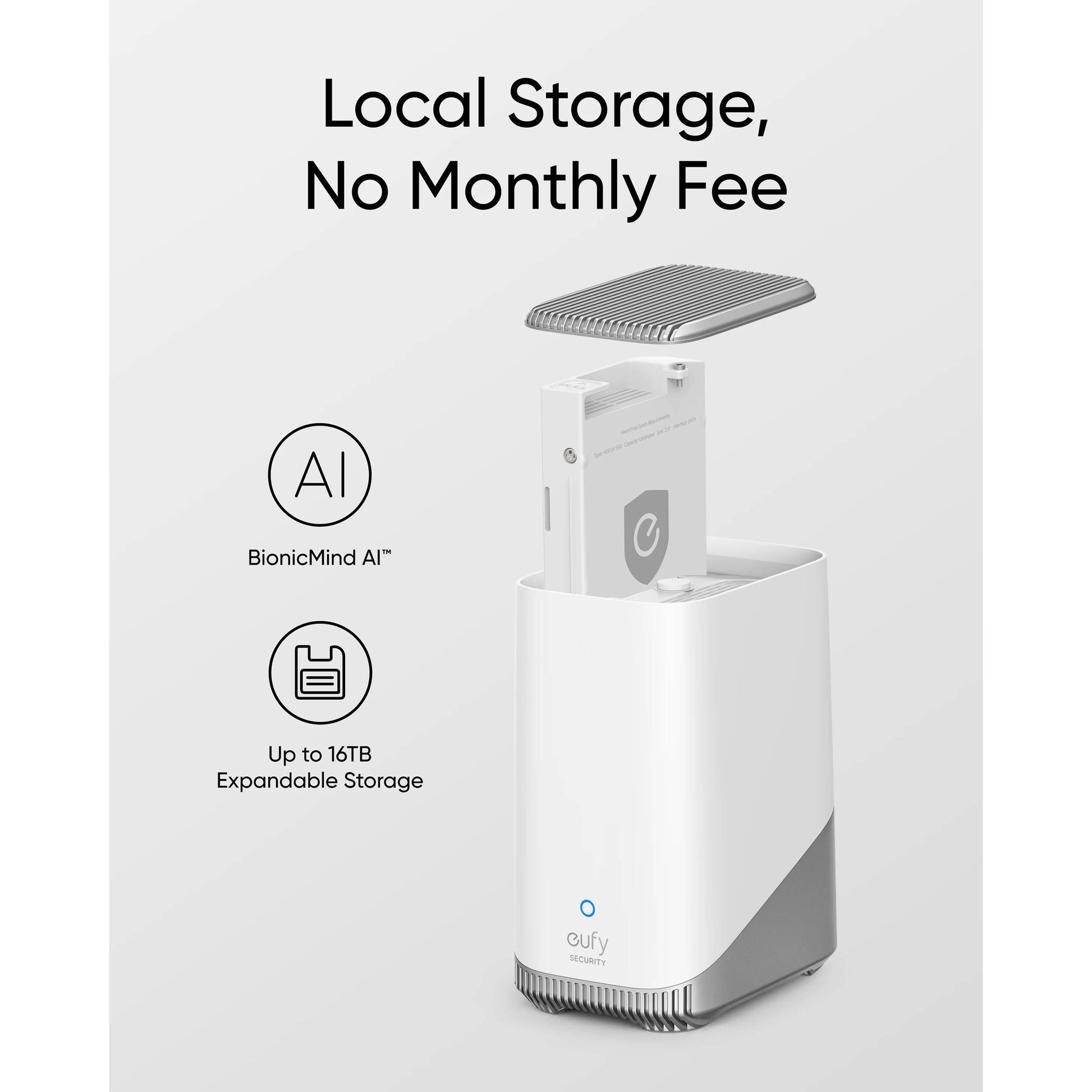 White electronic device with gray top on a light gray background, featuring text about local storage and no monthly fees.