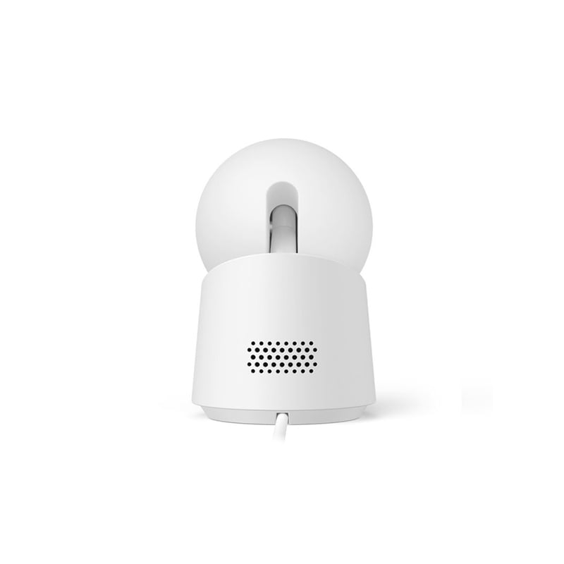 White electronic device with a circular top and cylindrical body on a white background