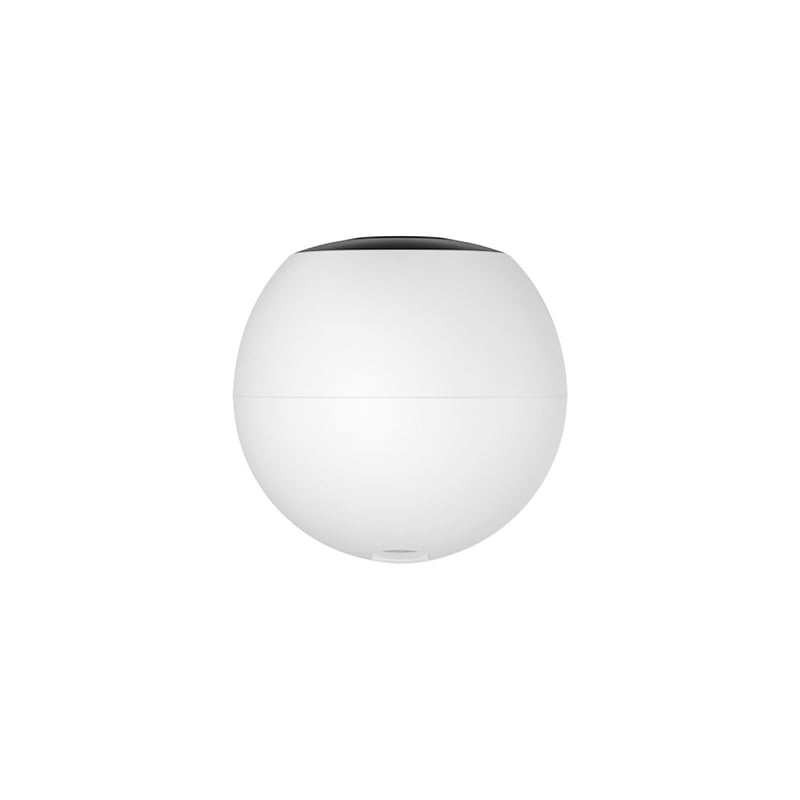 White spherical object with a black top on a white background