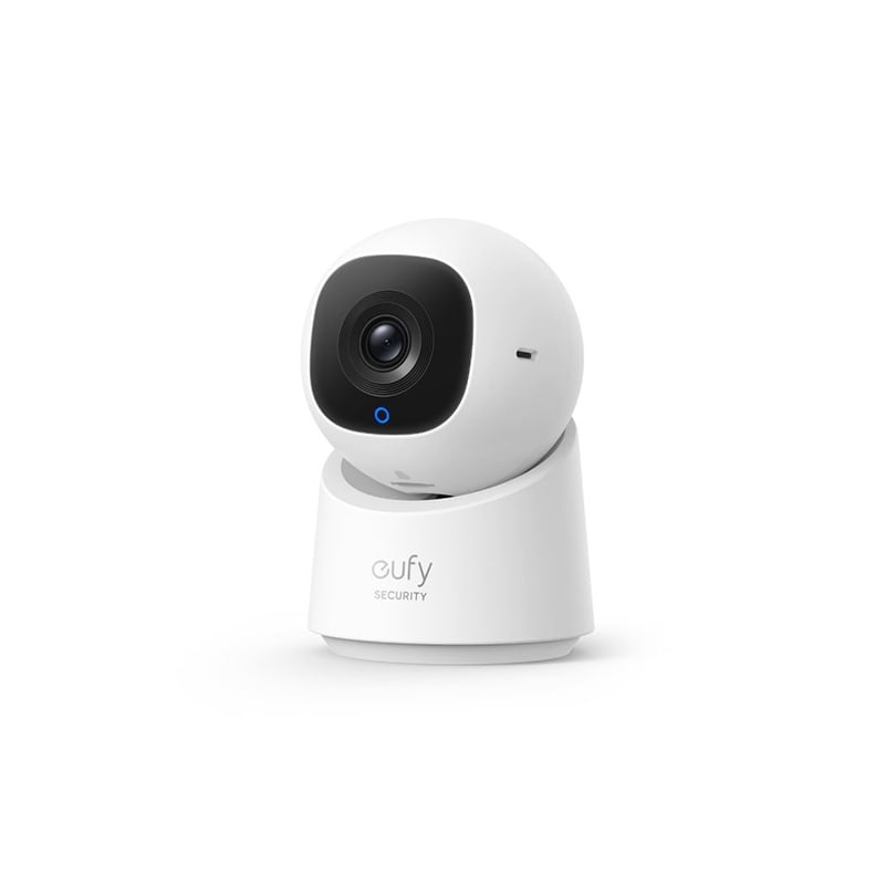 White security camera with black lens on a white background, featuring the Eufy brand.