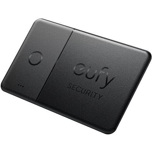 The Eufy Security SmartTrack Card is a slim, black, water-resistant Bluetooth tracker with an ultra-loud alarm that can be used to locate items via Apple's Find My app.