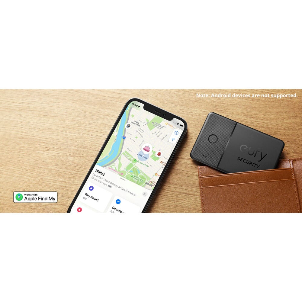 The Eufy Security SmartTrack Card is a slim, black, water-resistant Bluetooth tracker with an ultra-loud alarm that can be used to locate items via Apple's Find My app.