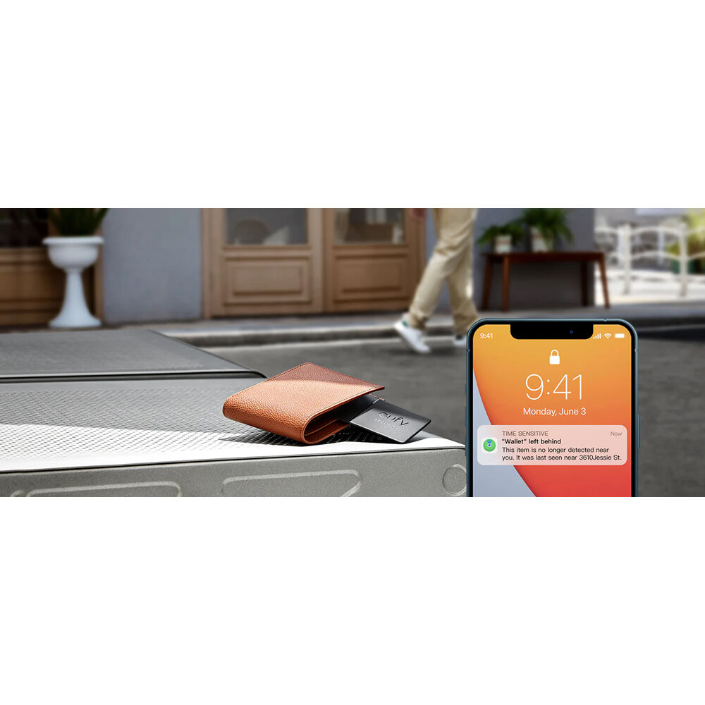 The Eufy Security SmartTrack Card is a slim, black, water-resistant Bluetooth tracker with an ultra-loud alarm that can be used to locate items via Apple's Find My app.